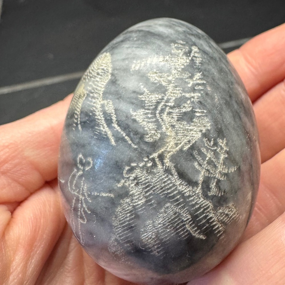 Vintage Etched Grey Marble Stone Egg Hand Carved Landscape Scene Decorative Art